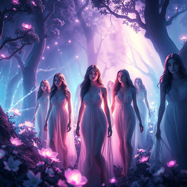 A dramatic 3D artwork depicting a mystical landscape where women are lost in an ethereal glow of light