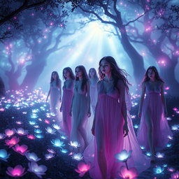 A dramatic 3D artwork depicting a mystical landscape where women are lost in an ethereal glow of light