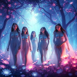 A dramatic 3D artwork depicting a mystical landscape where women are lost in an ethereal glow of light