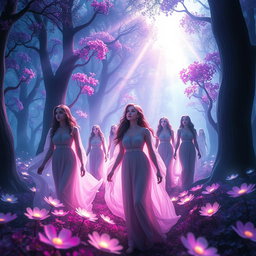 A dramatic 3D artwork depicting a mystical landscape where women are lost in an ethereal glow of light