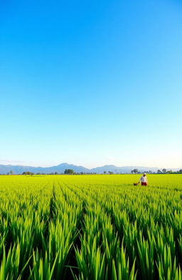 A vast, lush green paddy field stretching into the horizon, with perfectly aligned rows of rice plants swaying gently in the breeze
