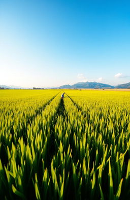 A vast, lush green paddy field stretching into the horizon, with perfectly aligned rows of rice plants swaying gently in the breeze
