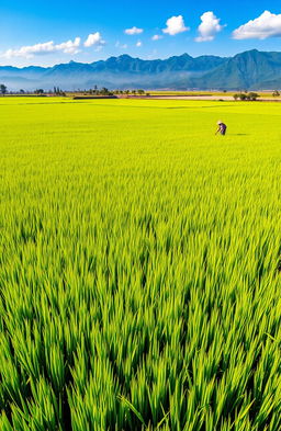 A vast, lush green paddy field stretching into the horizon, with perfectly aligned rows of rice plants swaying gently in the breeze