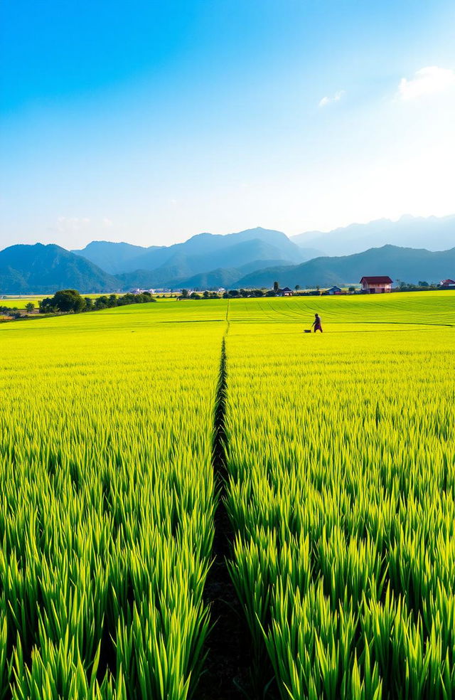 A vast, lush green paddy field stretching into the horizon, with perfectly aligned rows of rice plants swaying gently in the breeze