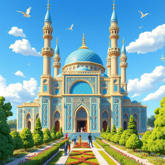 A vibrant and imaginative 3D cartoon depiction of the famous Blue Mosque in Tabriz, Iran