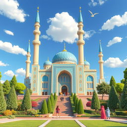 A vibrant and imaginative 3D cartoon depiction of the famous Blue Mosque in Tabriz, Iran