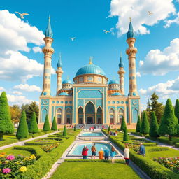 A vibrant and imaginative 3D cartoon depiction of the famous Blue Mosque in Tabriz, Iran