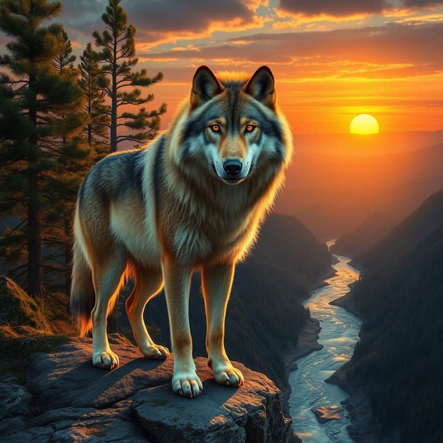 A majestic wolf standing on a rocky cliff overlooking a vast wilderness landscape, the sun setting in the background, casting a warm golden glow on its thick, luxurious fur