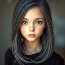 A beautiful girl with dark gray hair, fair skin, and captivating features