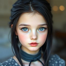 A beautiful girl with dark gray hair, fair skin, and captivating features