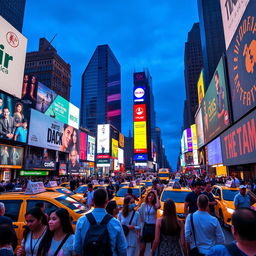 A vibrant and bustling scene in Times Square, New York City, filled with colorful billboards and neon lights illuminating the busy streets