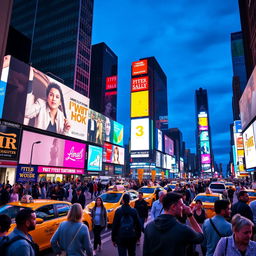 A vibrant and bustling scene in Times Square, New York City, filled with colorful billboards and neon lights illuminating the busy streets