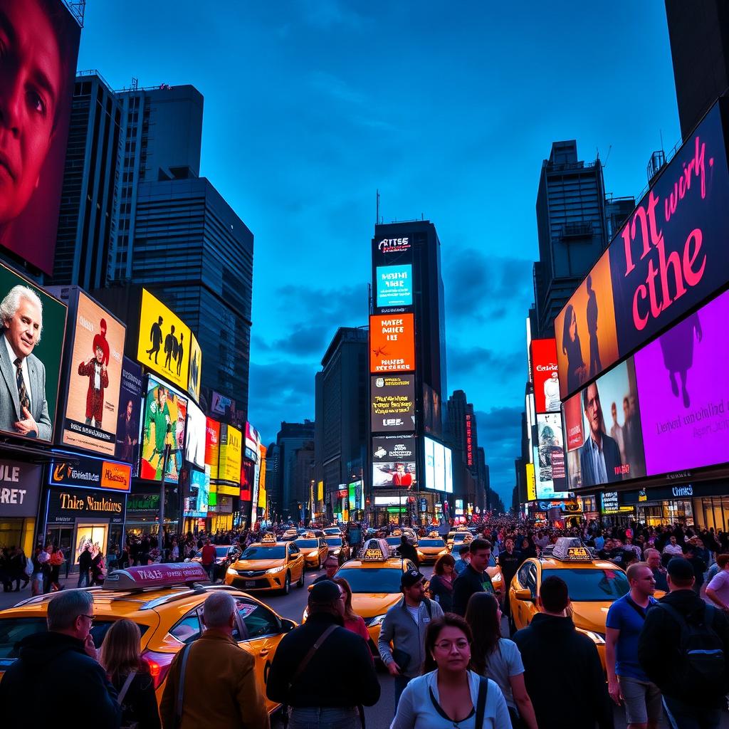 A vibrant and bustling scene in Times Square, New York City, filled with colorful billboards and neon lights illuminating the busy streets
