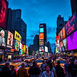 A vibrant and bustling scene in Times Square, New York City, filled with colorful billboards and neon lights illuminating the busy streets