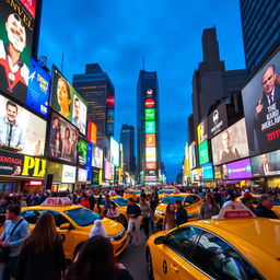 A vibrant and bustling scene in Times Square, New York City, filled with colorful billboards and neon lights illuminating the busy streets