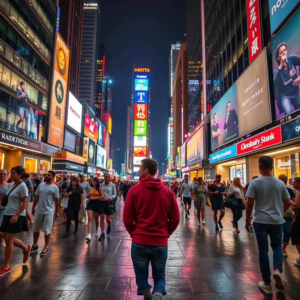 A vibrant and busy scene in Times Square at night, filled with people walking around