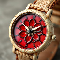 A detailed close-up of a uniquely designed wristwatch featuring a round, bone-colored case paired with a striking blood-red dial