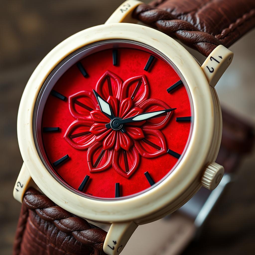 A detailed close-up of a uniquely designed wristwatch featuring a round, bone-colored case paired with a striking blood-red dial