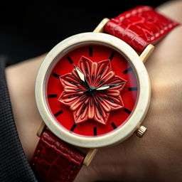 A detailed close-up of a uniquely designed wristwatch featuring a round, bone-colored case paired with a striking blood-red dial