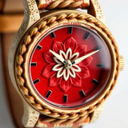 A detailed close-up of a uniquely designed wristwatch featuring a round, bone-colored case paired with a striking blood-red dial