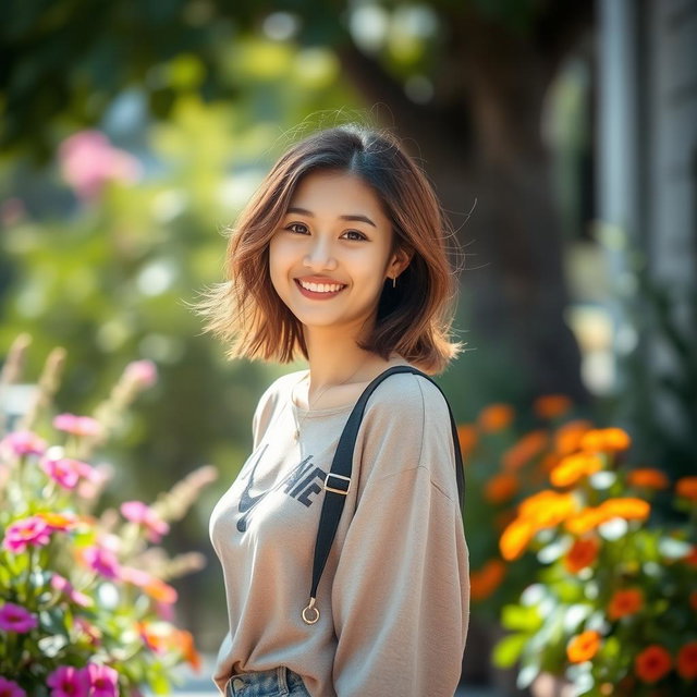 A captivating portrait of a person standing confidently in an outdoor setting, surrounded by lush greenery and vibrant flowers, with natural sunlight illuminating their face