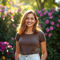 A captivating portrait of a person standing confidently in an outdoor setting, surrounded by lush greenery and vibrant flowers, with natural sunlight illuminating their face