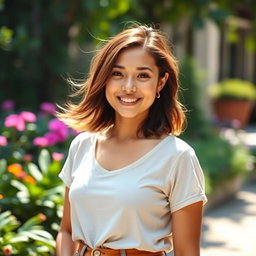 A captivating portrait of a person standing confidently in an outdoor setting, surrounded by lush greenery and vibrant flowers, with natural sunlight illuminating their face
