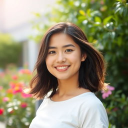 A captivating portrait of a person standing confidently in an outdoor setting, surrounded by lush greenery and vibrant flowers, with natural sunlight illuminating their face