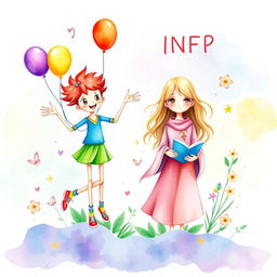 A whimsical and colorful illustration depicting the personalities of ENFP and INFP in a creative way