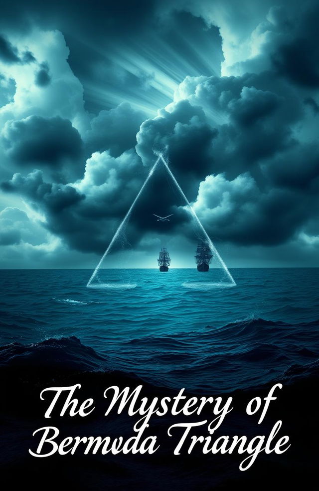 An intriguing depiction of the Bermuda Triangle, showcasing mysterious elements like stormy seas, swirling clouds, and ghostly ships disappearing into the horizon