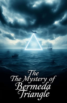 An intriguing depiction of the Bermuda Triangle, showcasing mysterious elements like stormy seas, swirling clouds, and ghostly ships disappearing into the horizon
