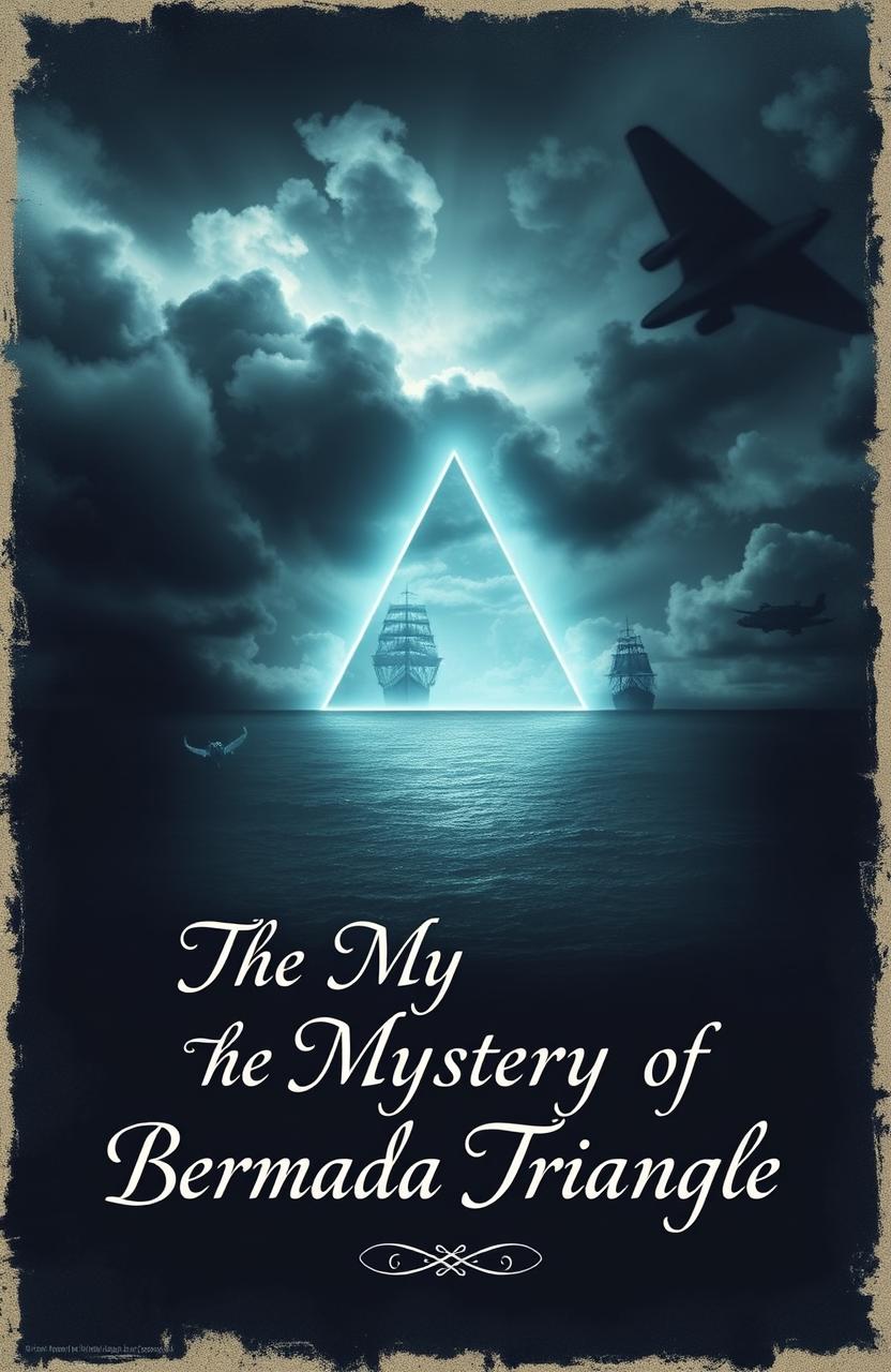 An intriguing depiction of the Bermuda Triangle, showcasing mysterious elements like stormy seas, swirling clouds, and ghostly ships disappearing into the horizon