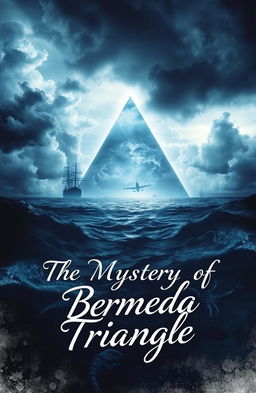 An intriguing depiction of the Bermuda Triangle, showcasing mysterious elements like stormy seas, swirling clouds, and ghostly ships disappearing into the horizon