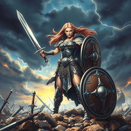 A fierce female warrior standing proudly on a rocky battlefield