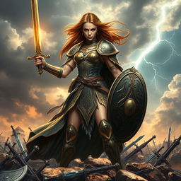 A fierce female warrior standing proudly on a rocky battlefield