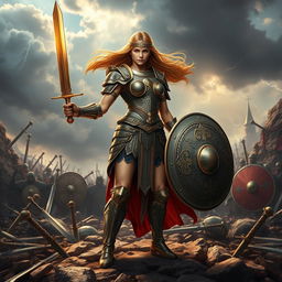 A fierce female warrior standing proudly on a rocky battlefield
