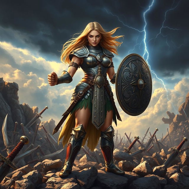 A fierce female warrior standing proudly on a rocky battlefield