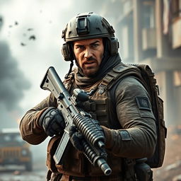 A fierce warrior in a tactical setting, wearing a full assault kit complete with an armored vest, tactical helmet, and various pouches for ammunition
