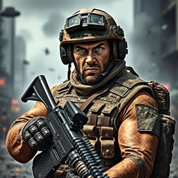 A fierce warrior in a tactical setting, wearing a full assault kit complete with an armored vest, tactical helmet, and various pouches for ammunition