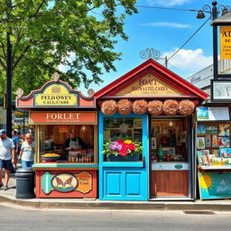 A vibrant street scene featuring a variety of unique kiosks, each adorned with colorful signage and decorative elements