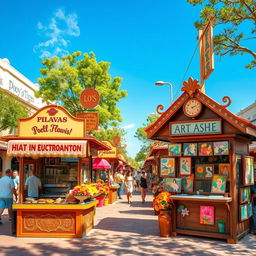 A vibrant street scene featuring a variety of unique kiosks, each adorned with colorful signage and decorative elements