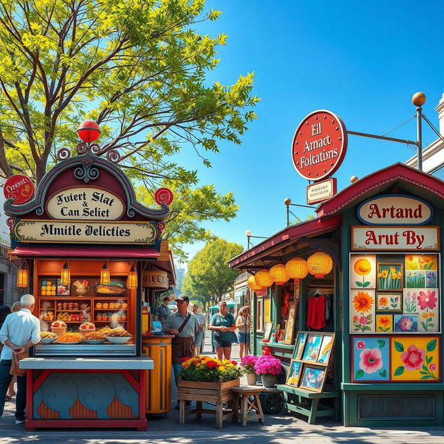A vibrant street scene featuring a variety of unique kiosks, each adorned with colorful signage and decorative elements