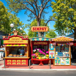 A vibrant street scene featuring a variety of unique kiosks, each adorned with colorful signage and decorative elements