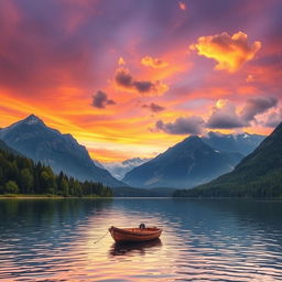 A dreamy landscape at sunset, featuring a serene lake that reflects vibrant orange and purple skies