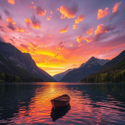 A dreamy landscape at sunset, featuring a serene lake that reflects vibrant orange and purple skies