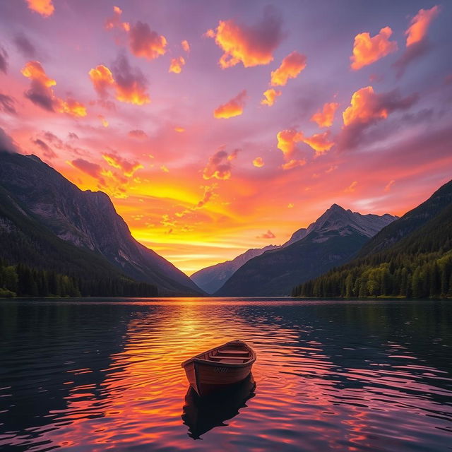 A dreamy landscape at sunset, featuring a serene lake that reflects vibrant orange and purple skies