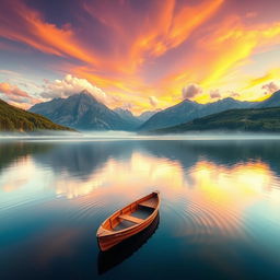 A dreamy landscape at sunset, featuring a serene lake that reflects vibrant orange and purple skies