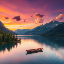 A dreamy landscape at sunset, featuring a serene lake that reflects vibrant orange and purple skies