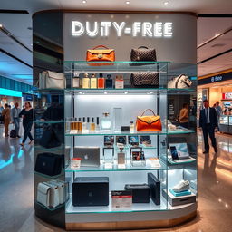 An elegantly designed duty-free display showcasing a variety of luxury items, including perfumes, cosmetics, designer handbags, and high-end electronics