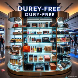 An elegantly designed duty-free display showcasing a variety of luxury items, including perfumes, cosmetics, designer handbags, and high-end electronics